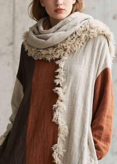Hooded Faux Fur Trim Colorblock Panel Linen Maxi Dress with Scarf