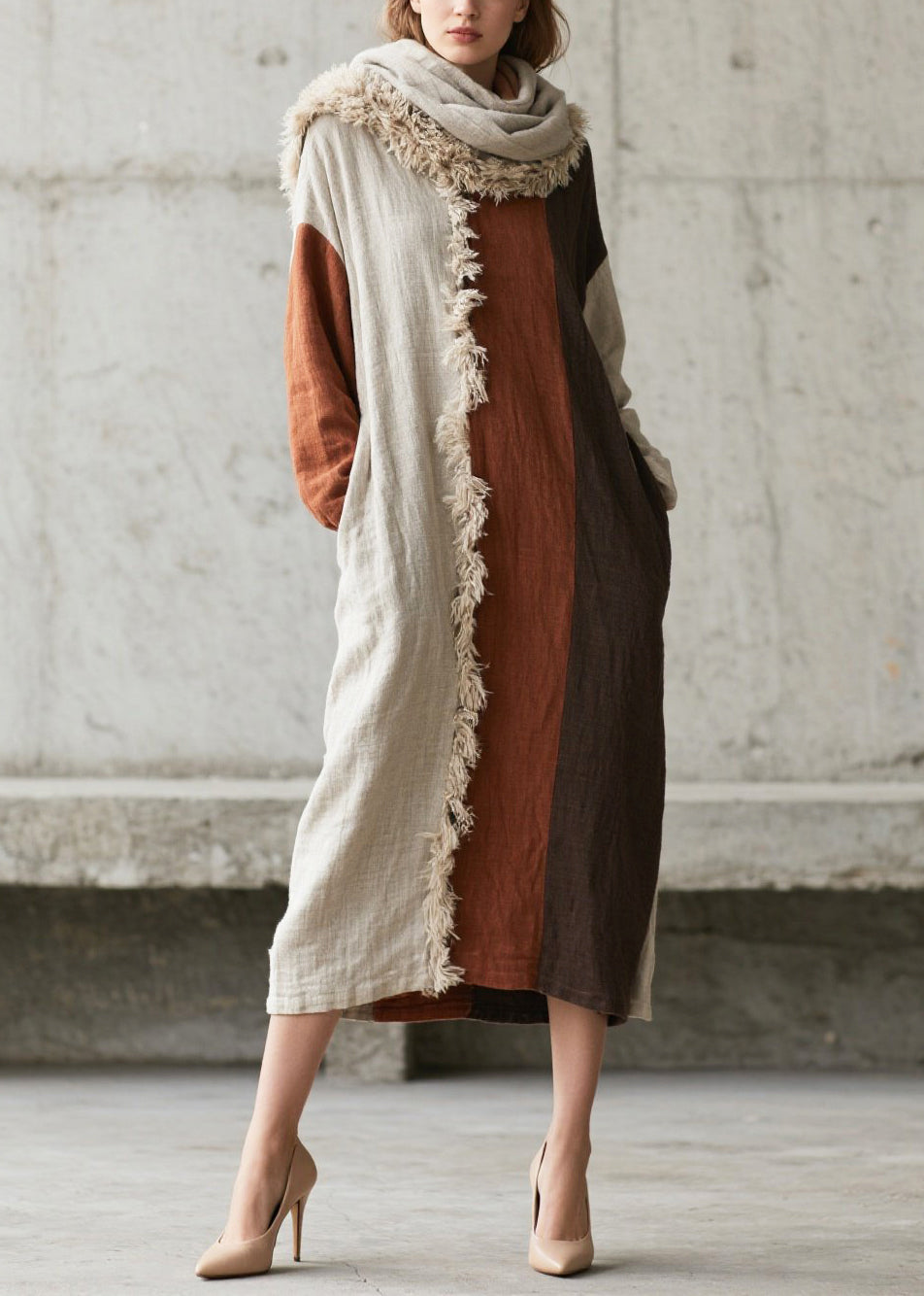 Hooded Faux Fur Trim Colorblock Panel Linen Maxi Dress with Scarf