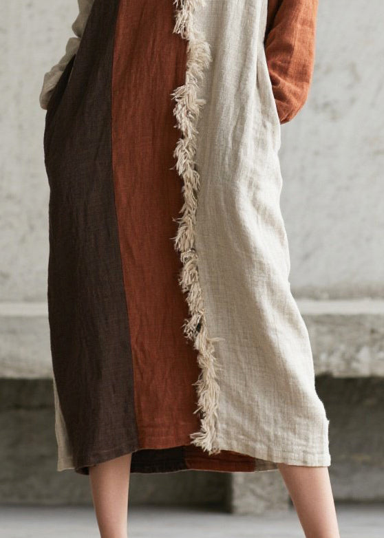 Hooded Faux Fur Trim Colorblock Panel Linen Maxi Dress with Scarf