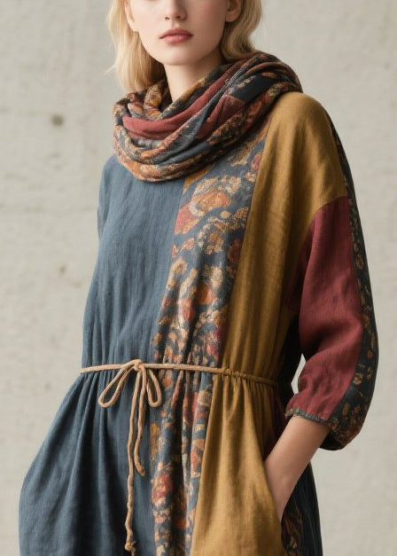 Drawstring Waist Floral Patchwork Linen Midi Dress with Matching Scarf