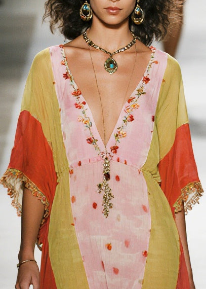 Deep V Neck Embroidered Fringe Cuff Kaftan Mini Dress