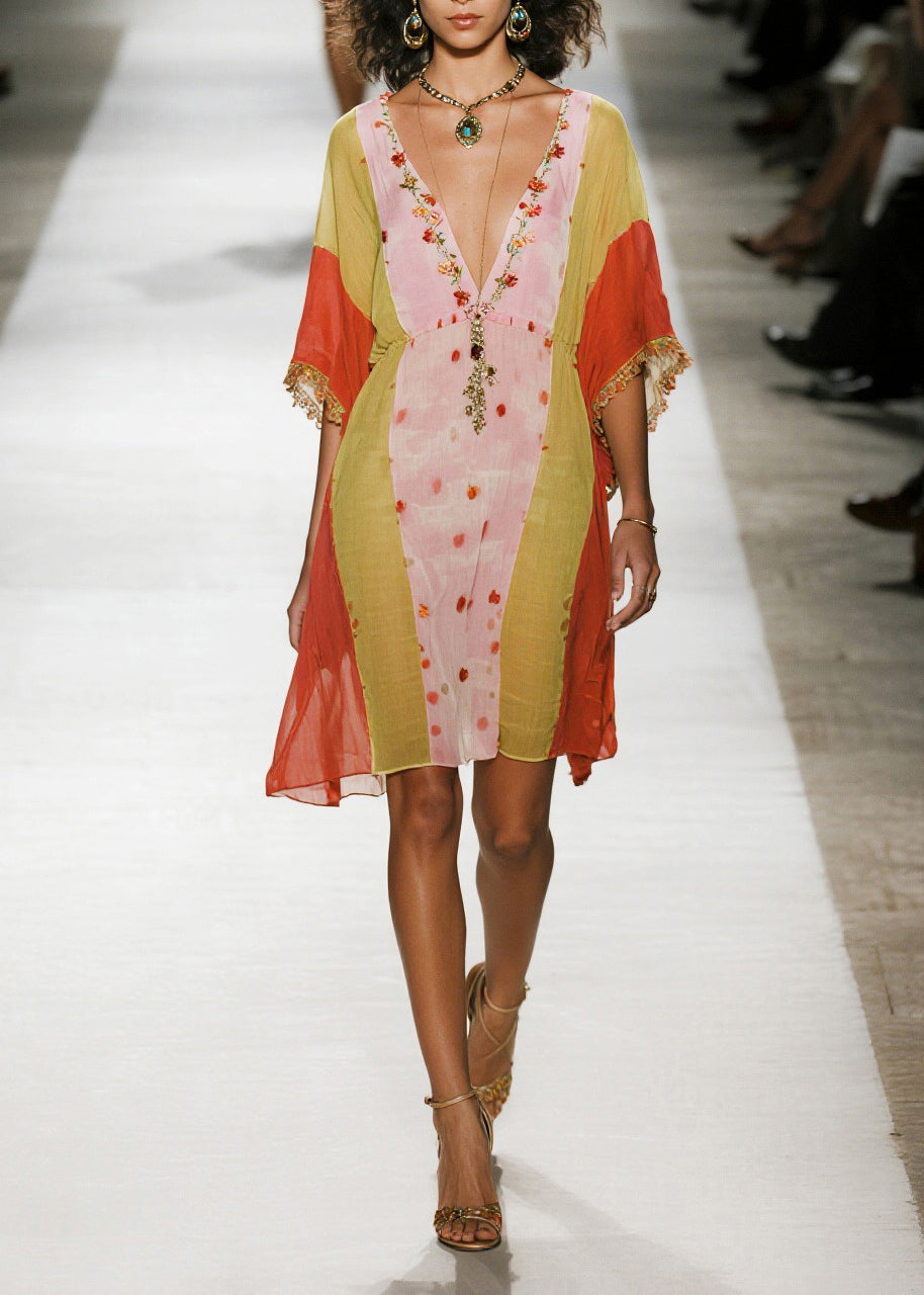 Deep V Neck Embroidered Fringe Cuff Kaftan Mini Dress