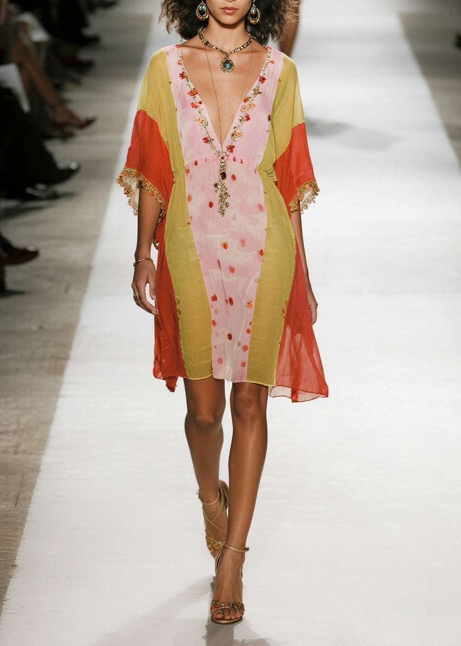 Deep V Neck Embroidered Fringe Cuff Kaftan Mini Dress