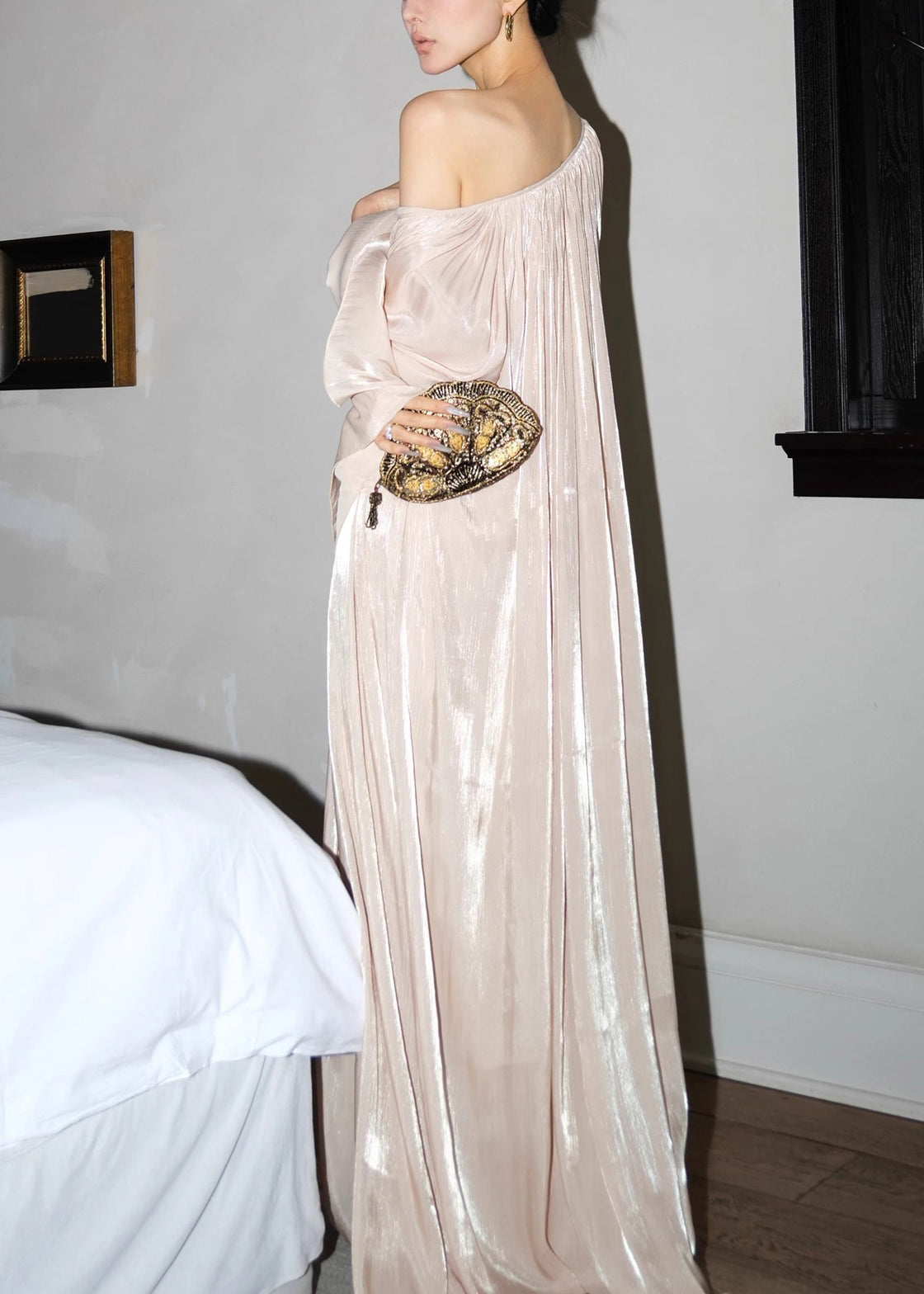 V-Neck Pleated Wide Sleeve Floor-Length Gown