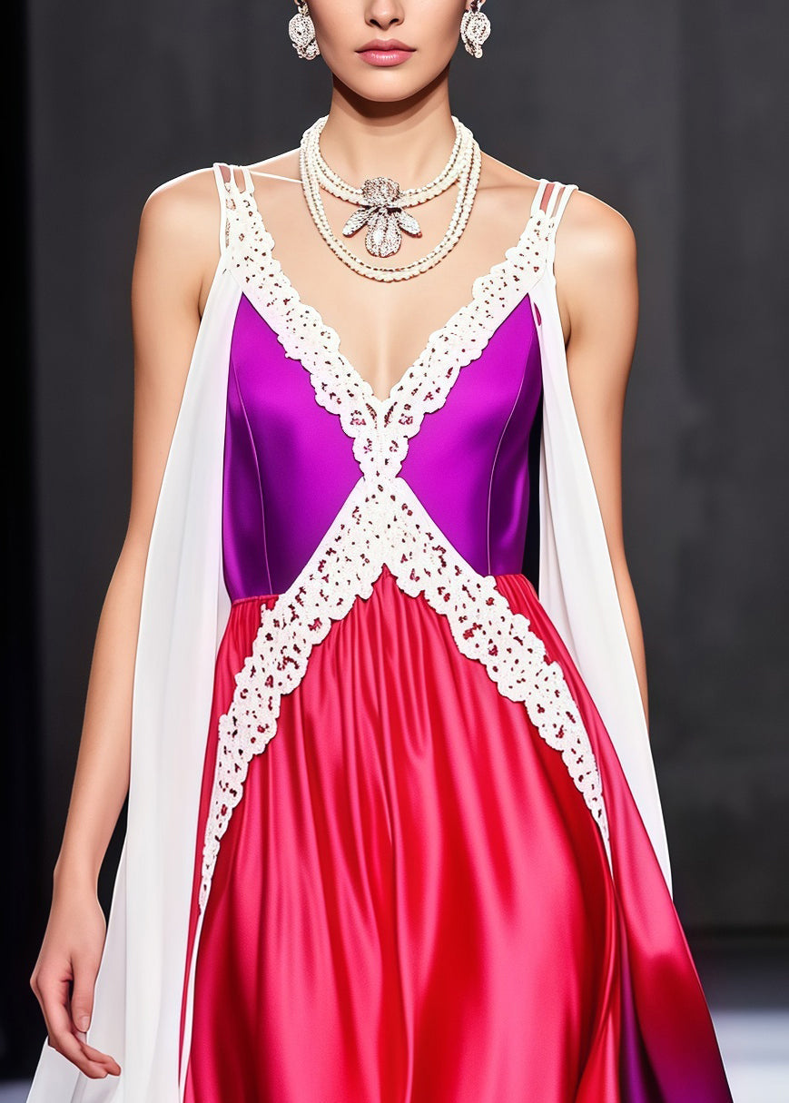 Sleeveless Lace-Trim Deep V-Neck Gradient Draped Satin Maxi Gown with Cape Sleeves