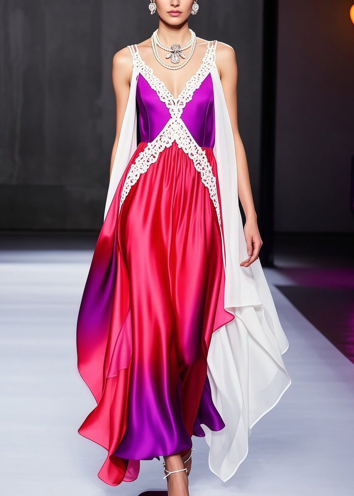 Sleeveless Lace-Trim Deep V-Neck Gradient Draped Satin Maxi Gown with Cape Sleeves
