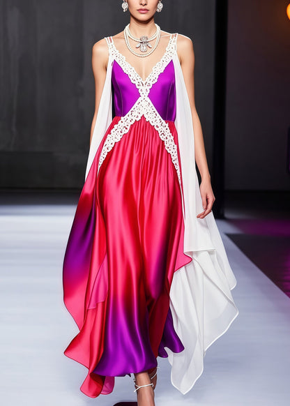 Sleeveless Lace-Trim Deep V-Neck Gradient Draped Satin Maxi Gown with Cape Sleeves