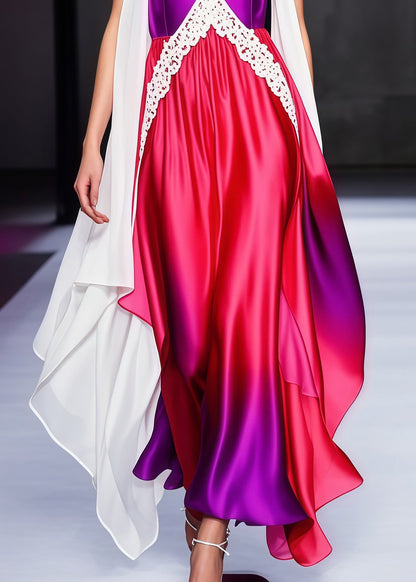 Sleeveless Lace-Trim Deep V-Neck Gradient Draped Satin Maxi Gown with Cape Sleeves