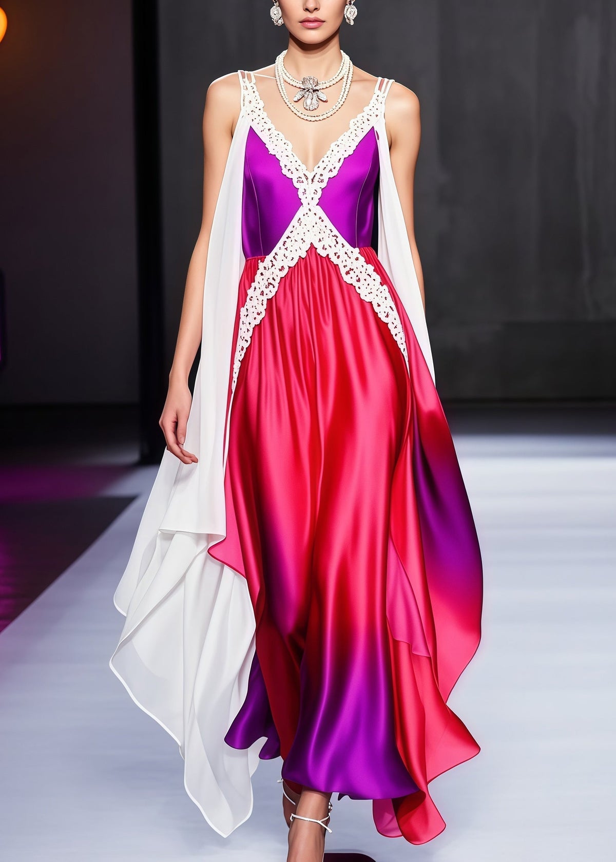 Sleeveless Lace-Trim Deep V-Neck Gradient Draped Satin Maxi Gown with Cape Sleeves