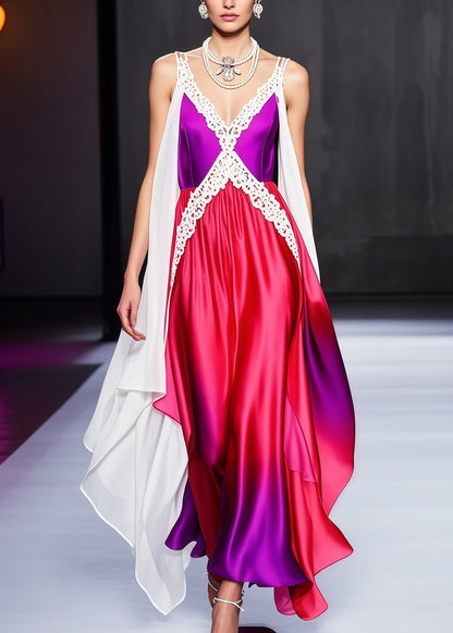 Sleeveless Lace-Trim Deep V-Neck Gradient Draped Satin Maxi Gown with Cape Sleeves