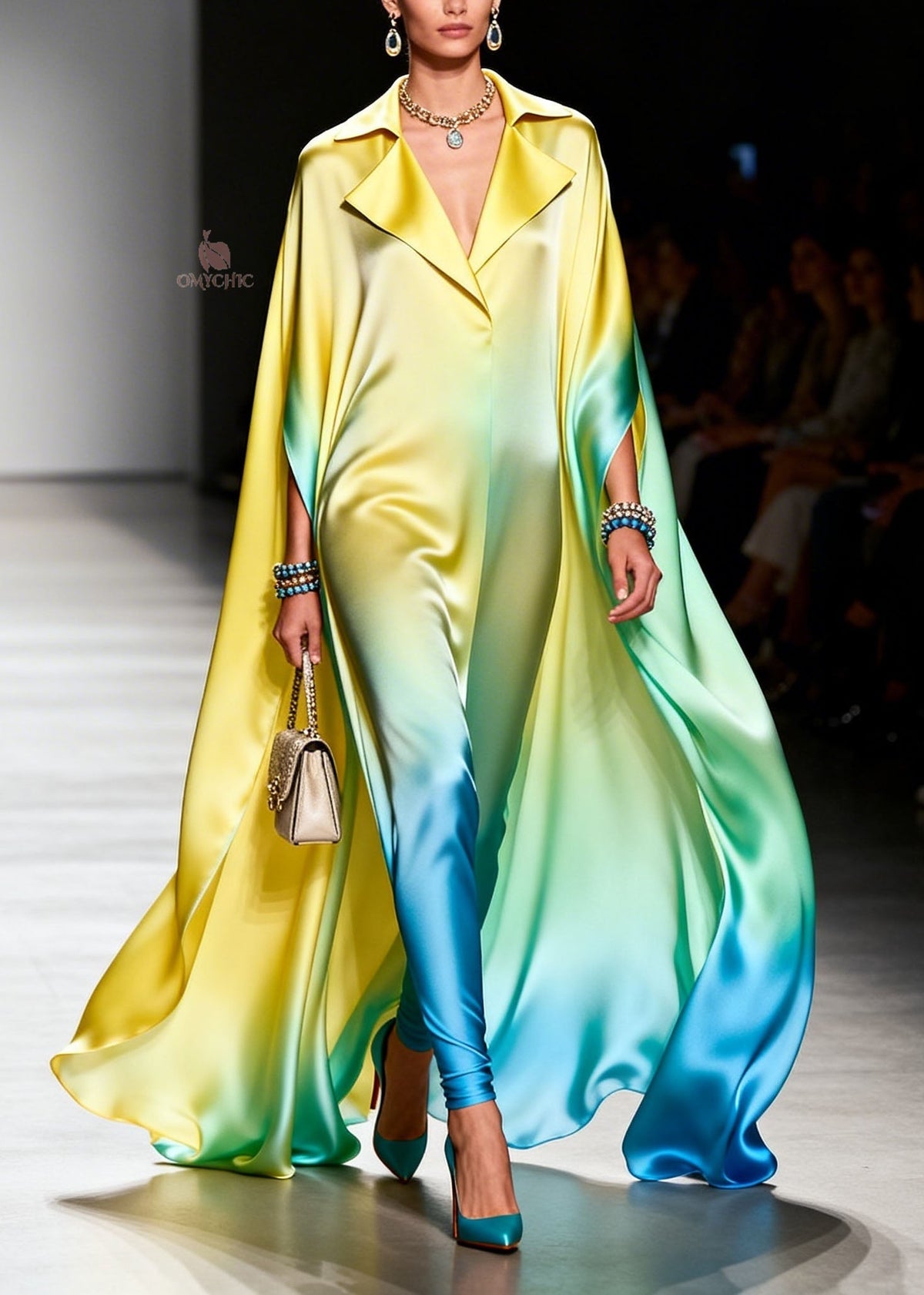 Notched Lapel Cape Sleeve Ombre Satin Tapered Leg Jumpsuit
