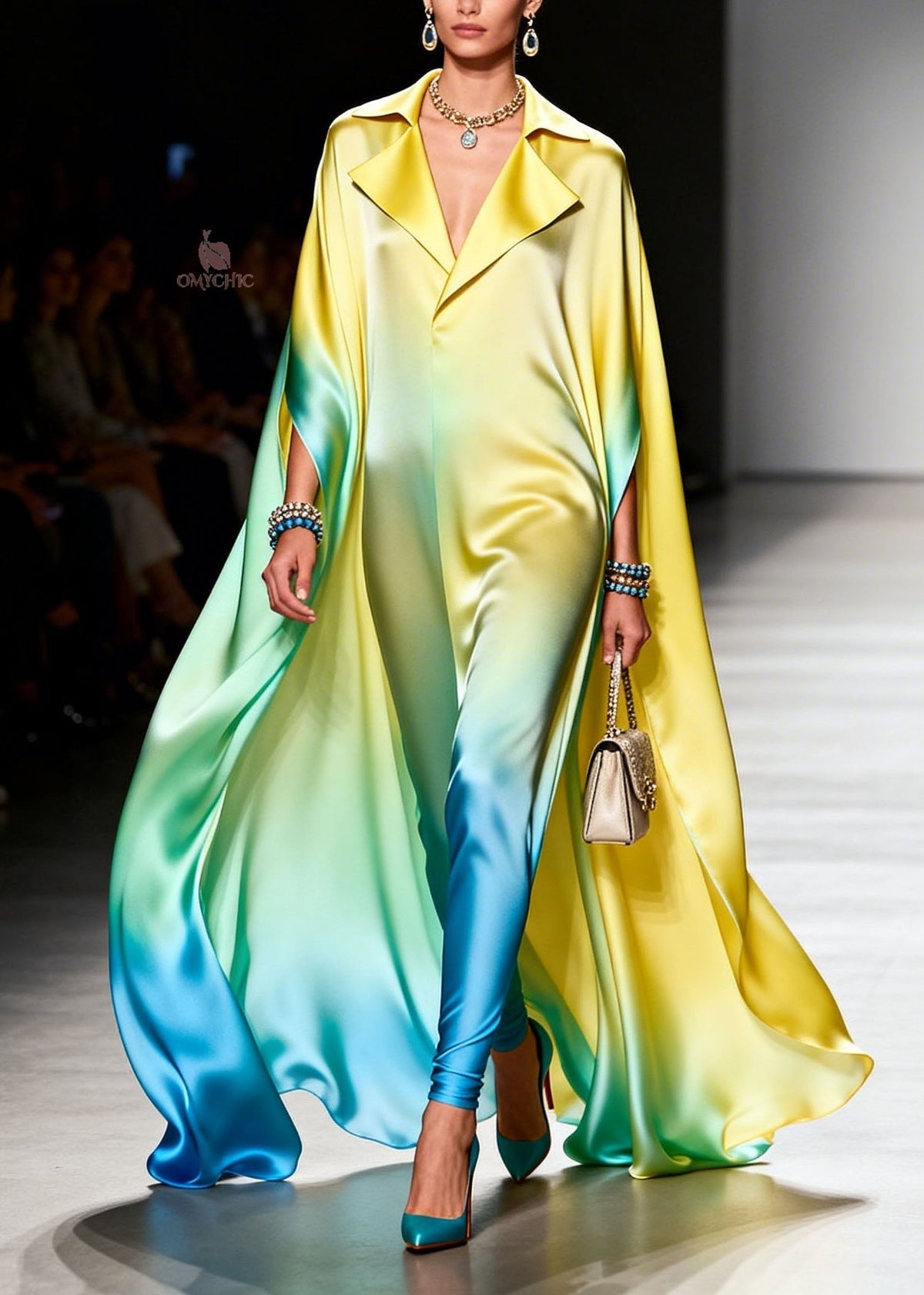 Notched Lapel Cape Sleeve Ombre Satin Tapered Leg Jumpsuit