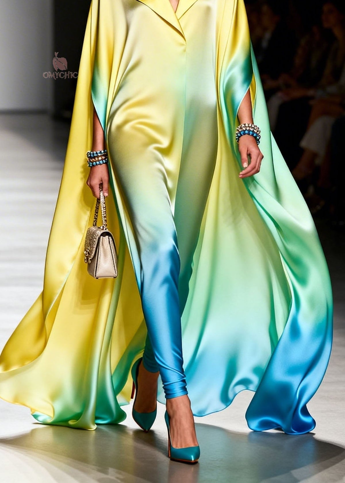 Notched Lapel Cape Sleeve Ombre Satin Tapered Leg Jumpsuit