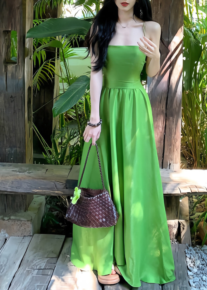 Crisscross Back Lace Up Spaghetti Strap Gathered Waist Satin Maxi Dress