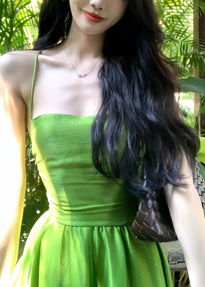 Crisscross Back Lace Up Spaghetti Strap Gathered Waist Satin Maxi Dress
