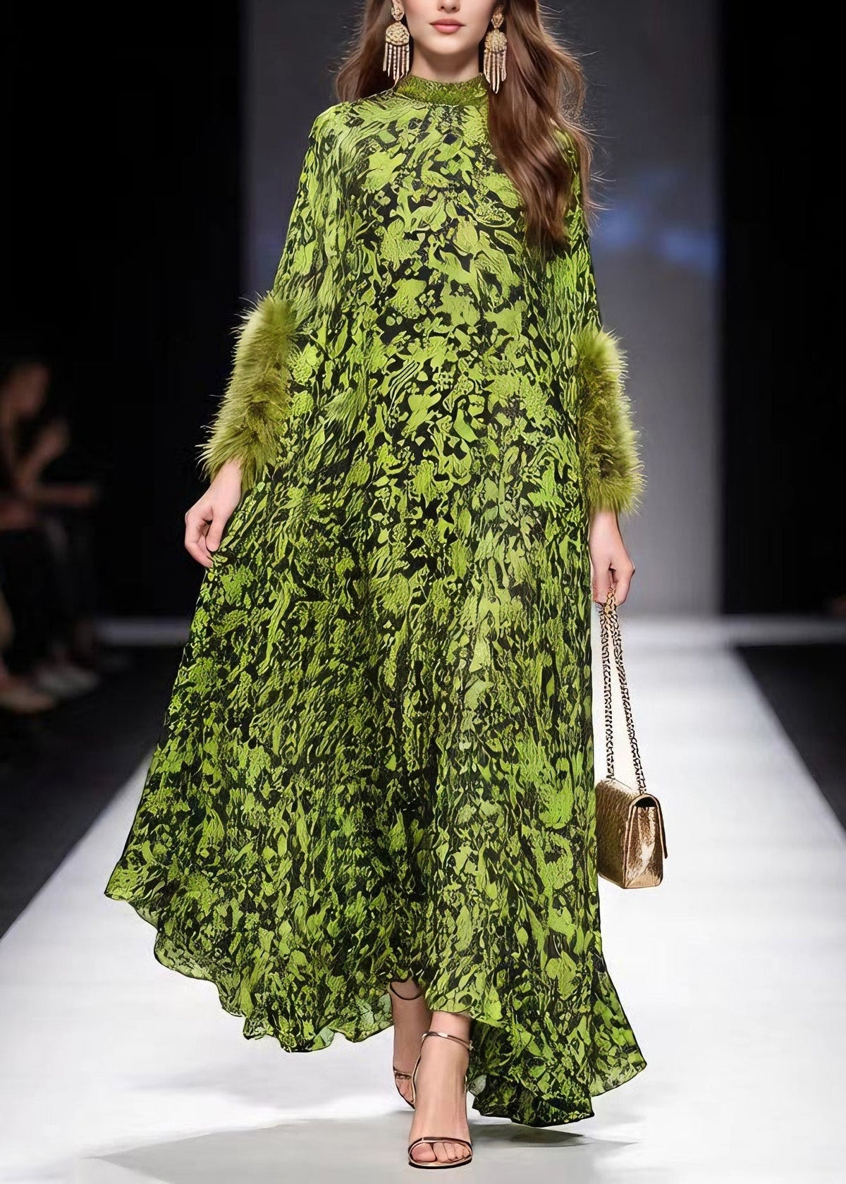 Mock Neck Faux Fur Cuff Abstract Print Kaftan Maxi Dress