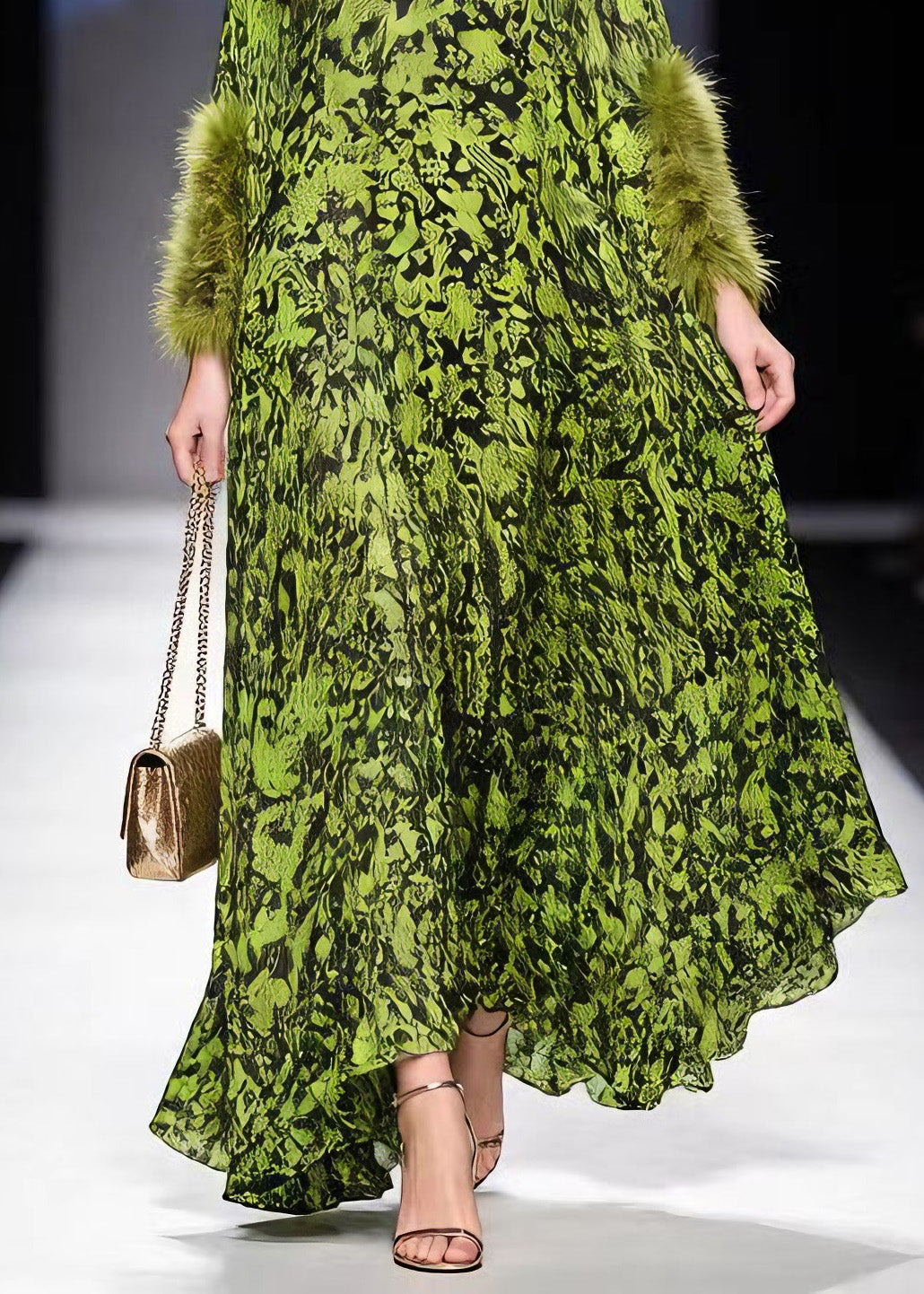 Mock Neck Faux Fur Cuff Abstract Print Kaftan Maxi Dress