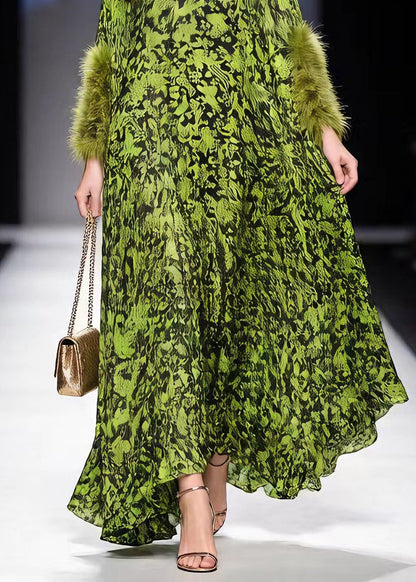 Mock Neck Faux Fur Cuff Abstract Print Kaftan Maxi Dress
