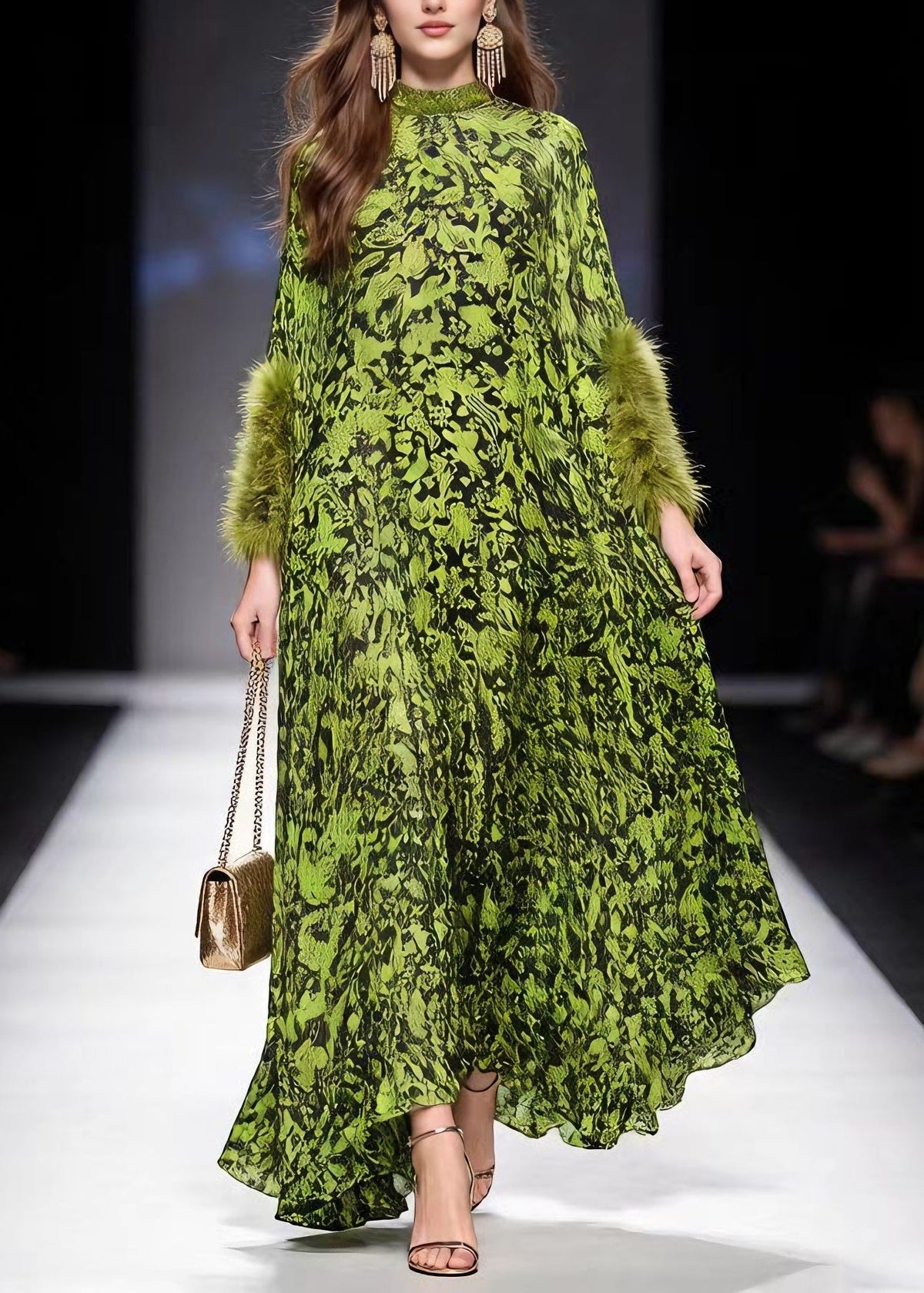 Mock Neck Faux Fur Cuff Abstract Print Kaftan Maxi Dress