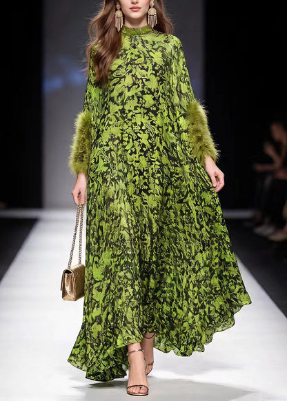 Mock Neck Faux Fur Cuff Abstract Print Kaftan Maxi Dress