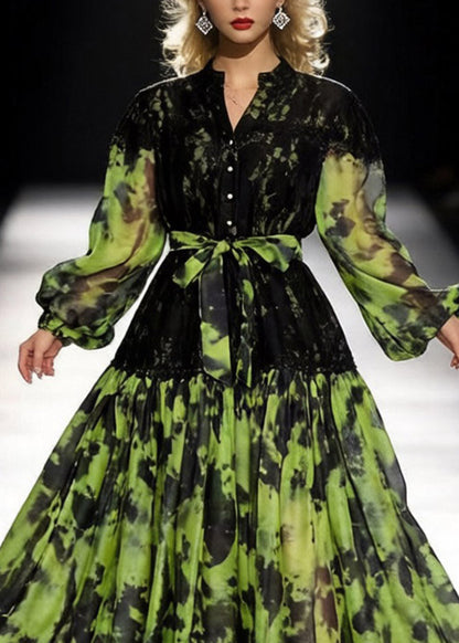 Stand Collar Lace Shoulder Bishop Sleeve Belted Abstract Print Shirt Maxi Dress