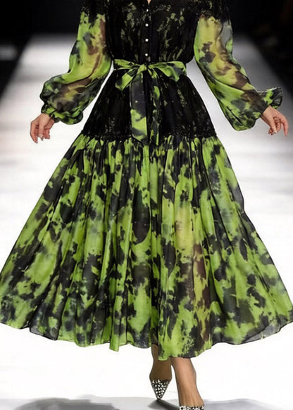 Stand Collar Lace Shoulder Bishop Sleeve Belted Abstract Print Shirt Maxi Dress