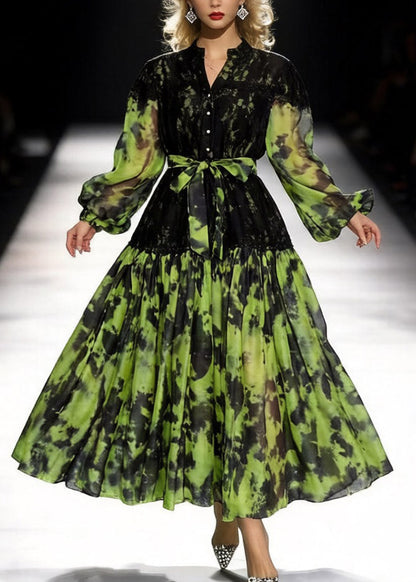 Stand Collar Lace Shoulder Bishop Sleeve Belted Abstract Print Shirt Maxi Dress