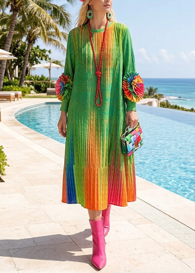 Round Neck Ruffle Flower Accent Pleated Gradient Stripe Long Sleeve Midi Dress