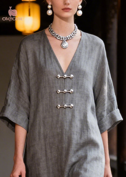 Deep V-Neck Toggle Button Cuffed Half Sleeve Side Slit Linen Maxi Dress