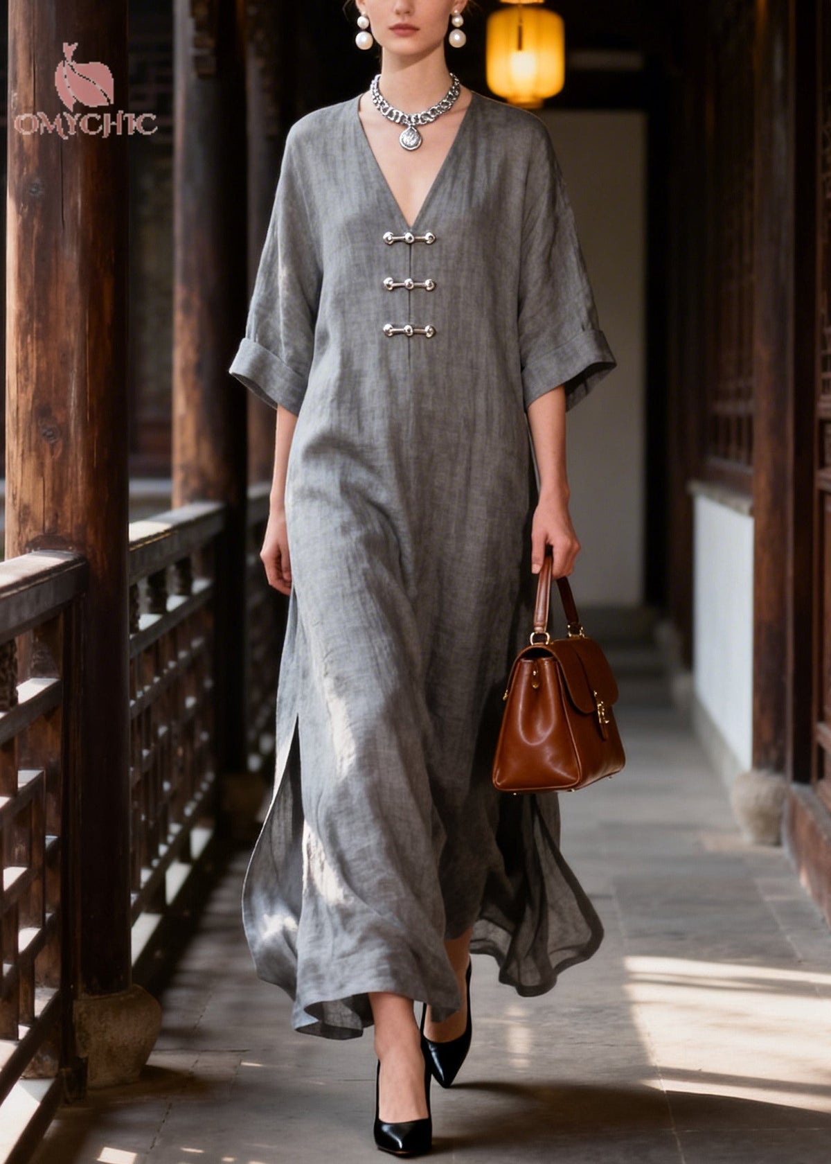 Deep V-Neck Toggle Button Cuffed Half Sleeve Side Slit Linen Maxi Dress