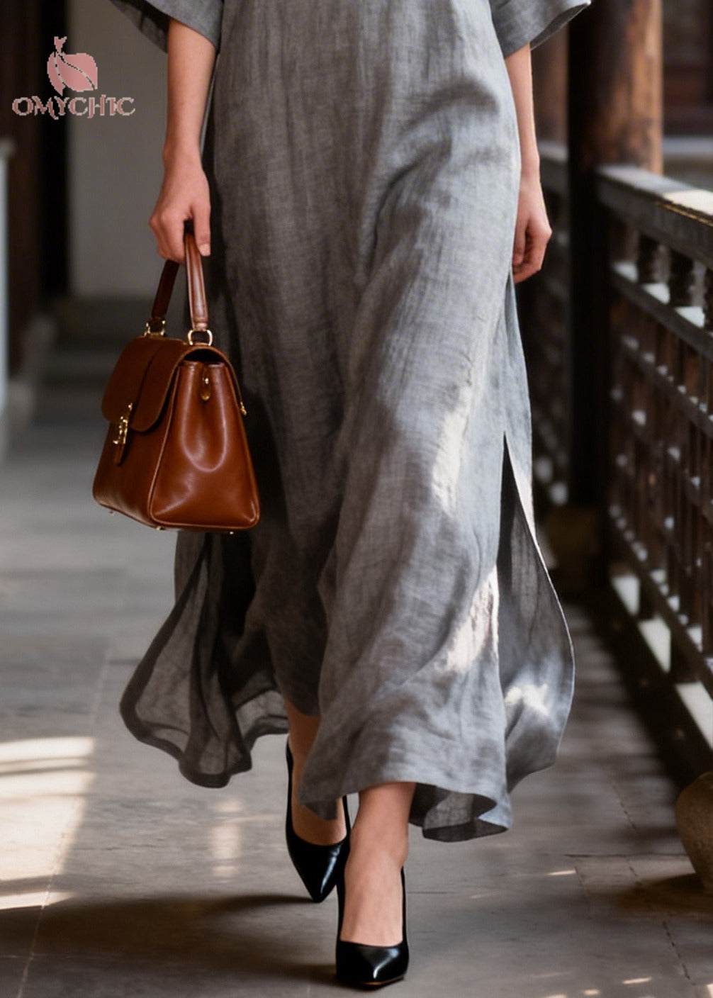 Deep V-Neck Toggle Button Cuffed Half Sleeve Side Slit Linen Maxi Dress