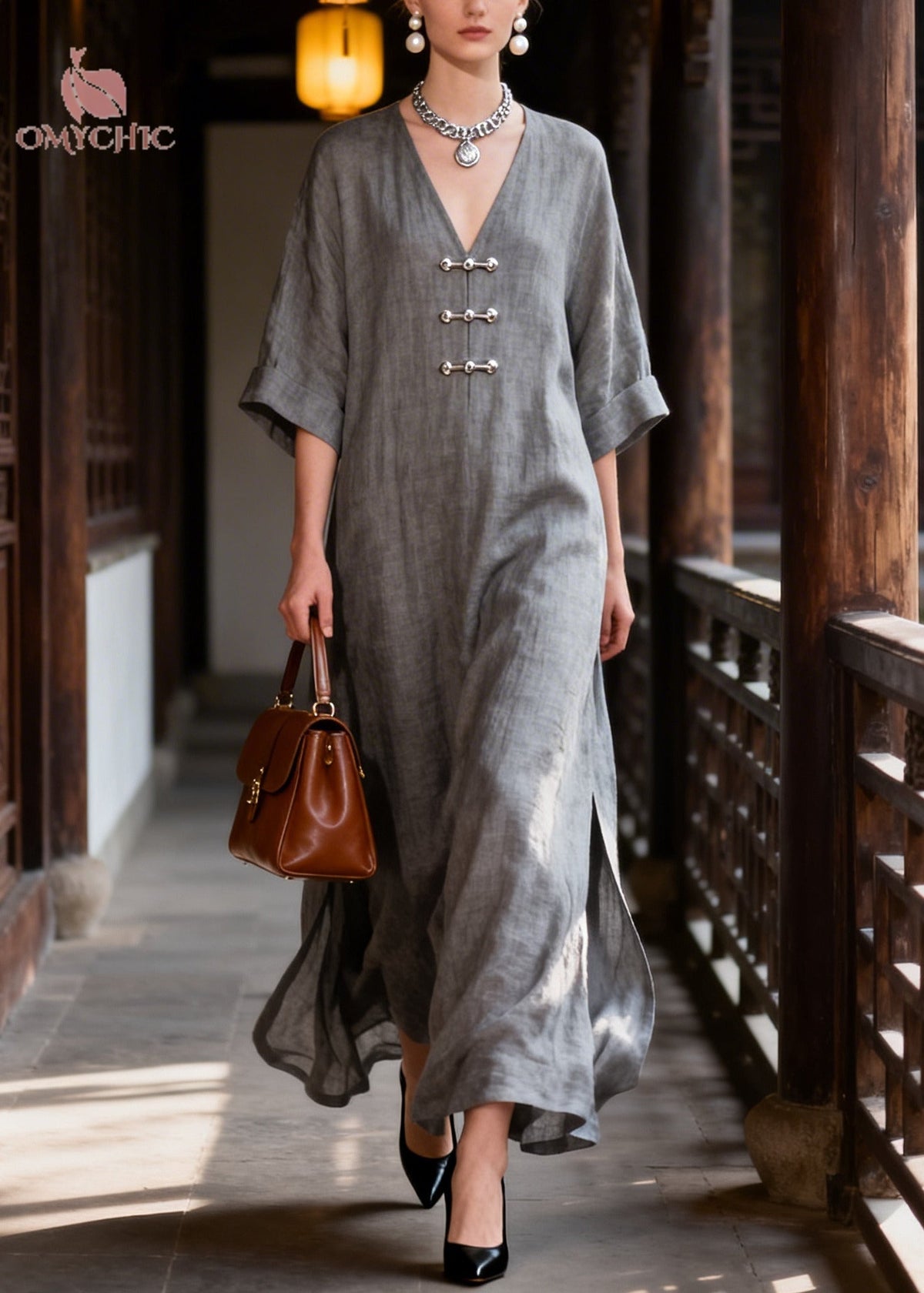 Deep V-Neck Toggle Button Cuffed Half Sleeve Side Slit Linen Maxi Dress