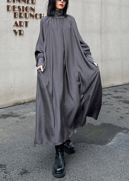 Mock Neck Balloon Sleeve Smocked Cuff Radiate Pleat Oversized Maxi Dress