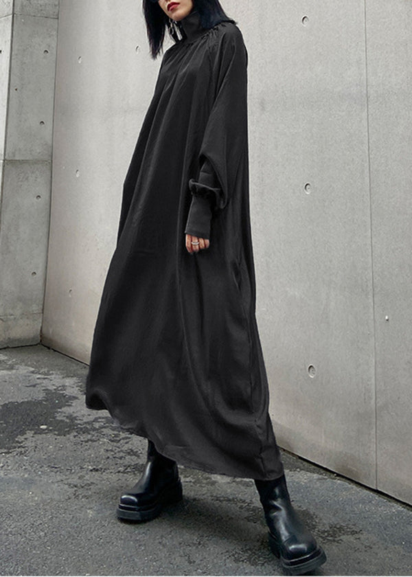 Mock Neck Balloon Sleeve Smocked Cuff Radiate Pleat Oversized Maxi Dress