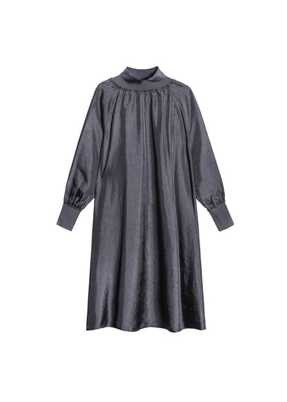 Mock Neck Balloon Sleeve Smocked Cuff Radiate Pleat Oversized Maxi Dress