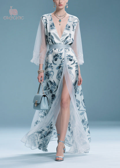 Deep V Neck Floral Satin Belted High Slit Sheer Sleeve Maxi Dress