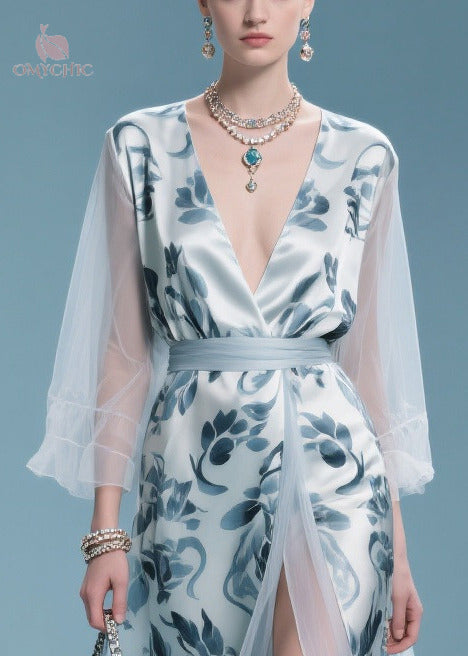 Deep V Neck Floral Satin Belted High Slit Sheer Sleeve Maxi Dress