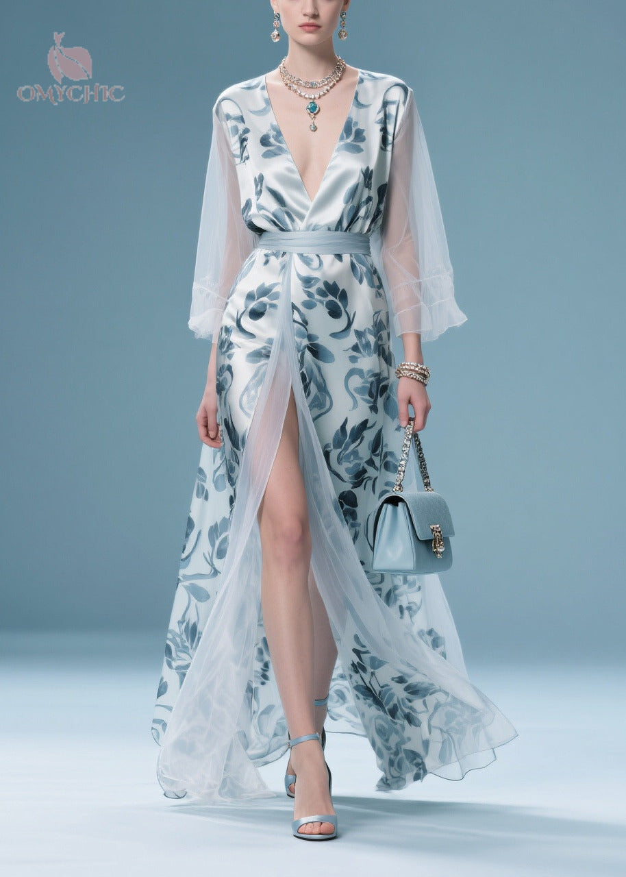 Deep V Neck Floral Satin Belted High Slit Sheer Sleeve Maxi Dress