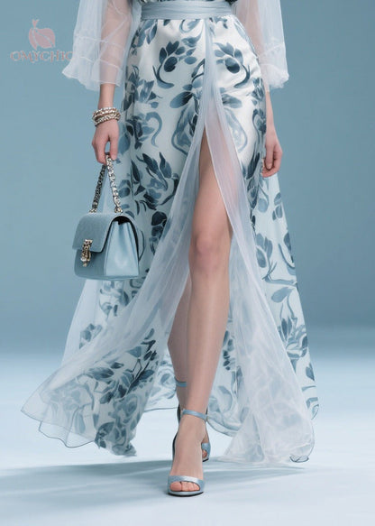 Deep V Neck Floral Satin Belted High Slit Sheer Sleeve Maxi Dress