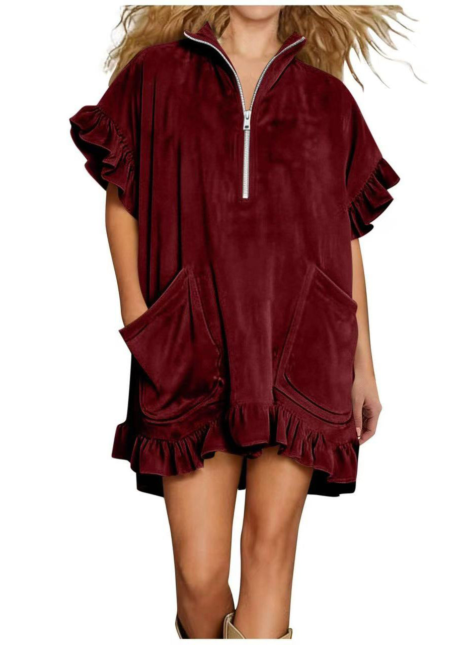 Zip Collar Flutter Sleeve Patch Pocket Ruffle Hem Velvet Shift Dress