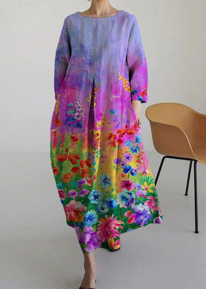 Round Neck Center Box Pleat Watercolor Floral Print Midi Dress
