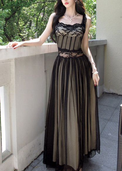 Lace Trim Corset Boned Bodice Sheer Tiered Chiffon Glove Sleeve Maxi Gown