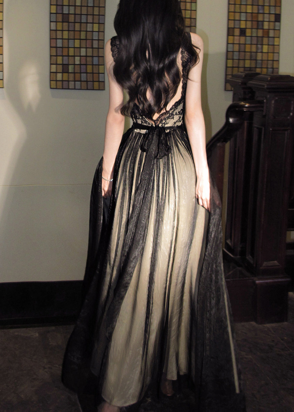 Lace Trim Corset Boned Bodice Sheer Tiered Chiffon Glove Sleeve Maxi Gown