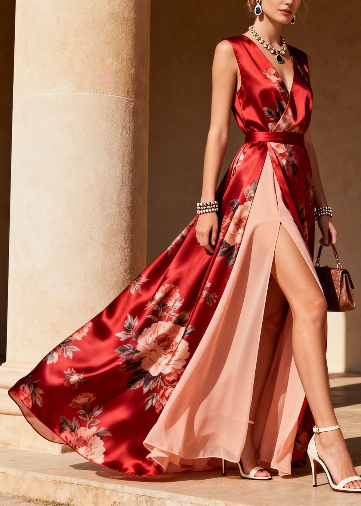 Sleeveless Deep V-Neck Wrap Belt Floral Print Sheer Layer High Slit Maxi Gown