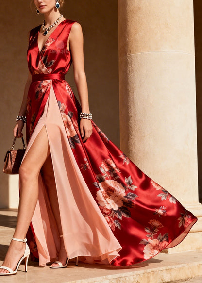 Sleeveless Deep V-Neck Wrap Belt Floral Print Sheer Layer High Slit Maxi Gown