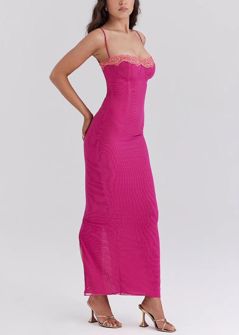 Spaghetti Strap Lace Trim Bustier Underwire Mesh Rib Maxi Dress