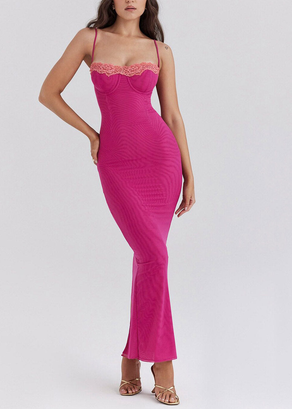 Spaghetti Strap Lace Trim Bustier Underwire Mesh Rib Maxi Dress