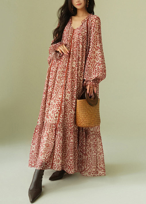 Deep V Neck Damask Print Balloon Sleeve Tiered Hem Maxi Dress