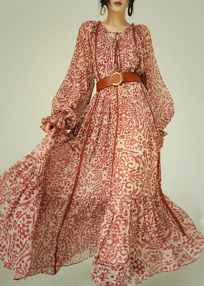 Deep V Neck Damask Print Balloon Sleeve Tiered Hem Maxi Dress