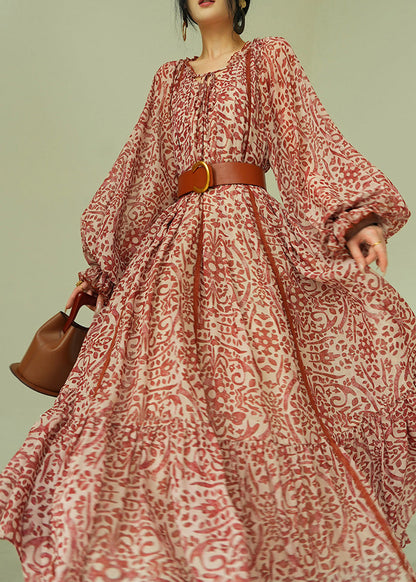 Deep V Neck Damask Print Balloon Sleeve Tiered Hem Maxi Dress